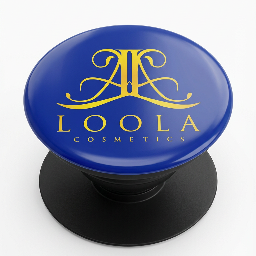 Blue popsocket with Loola Cosmetics logo on a white background