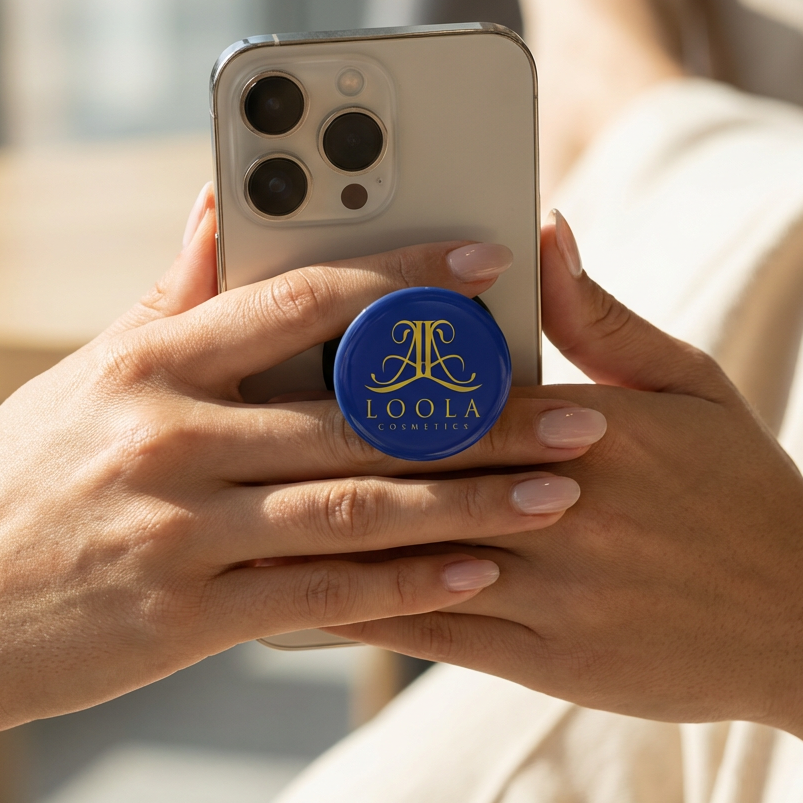 Person holding a phone with a Loola branded phone case
