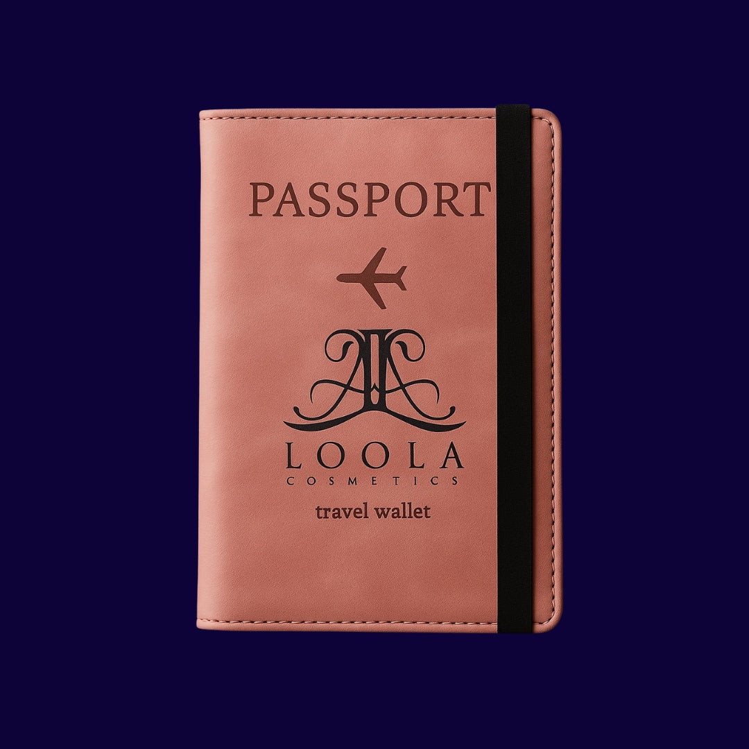 pink passport holder with 'LOOLA' branding on a dark blue background