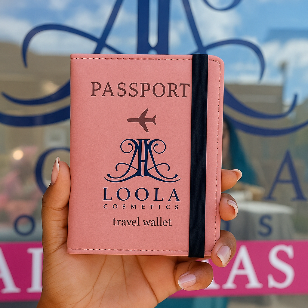 Pink travel wallet with 'LOOLA Cosmetics' branding held by a hand.